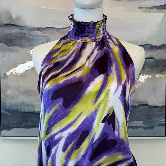 Vintage Y2K A. Byer Halter Top Smocked Neck & Waist Purple Lime Abstract Print - Picture 11 of 16